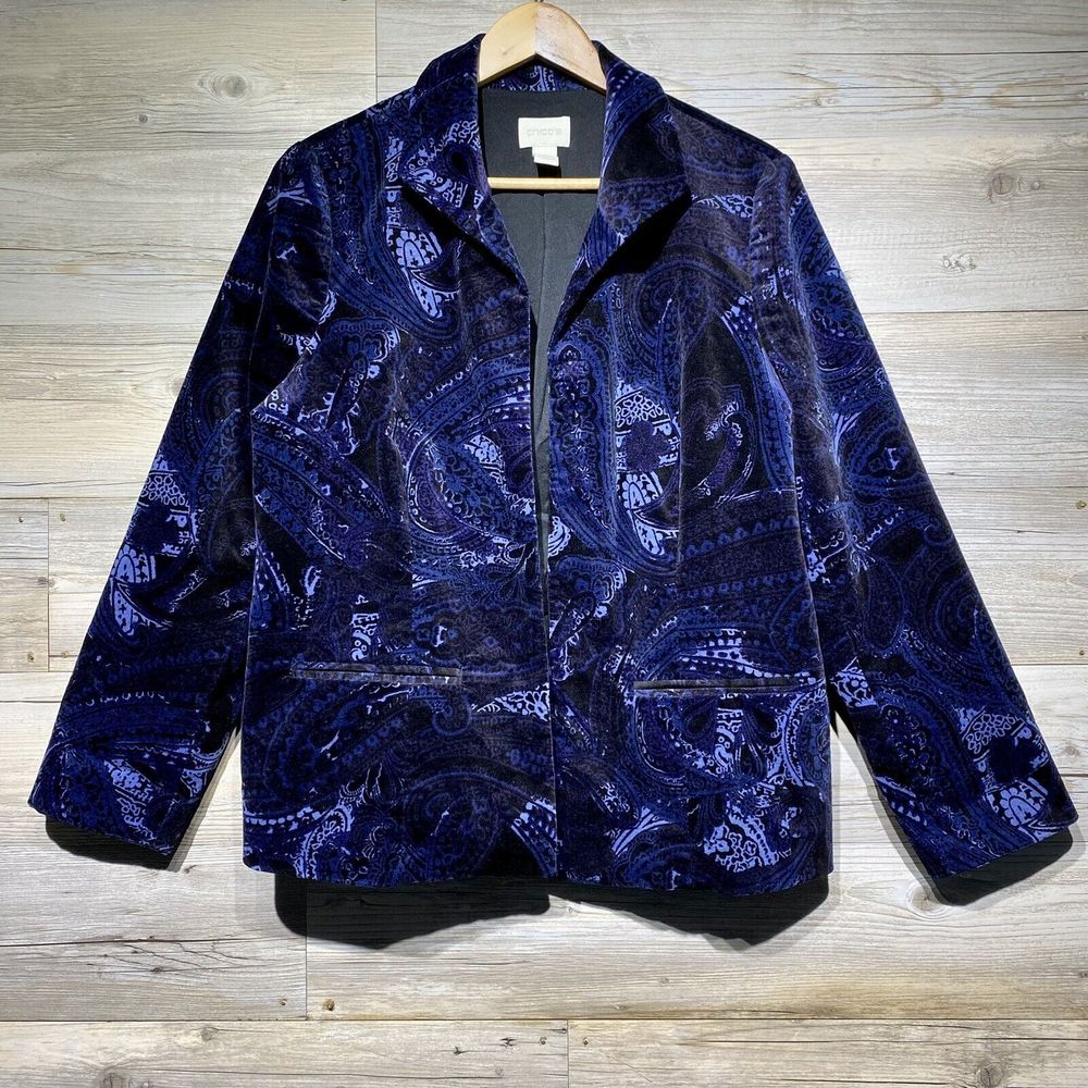 Chicos Velvet Jacket Women’s L (2) Paisley Floral Open Front Blazer Blue Purple